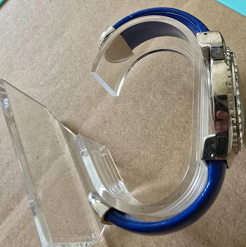 Accutime Rhinestone Ladies Silver Tone Blue Cuff Band Watch Working